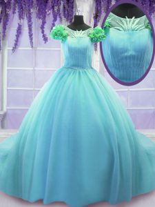 Pretty Blue Ball Gowns Tulle Scoop Short Sleeves Hand Made Flower Lace Up Sweet 16 Dress Court Train