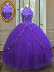 Purple Ball Gowns Tulle High-neck Sleeveless Beading and Appliques Floor Length Lace Up Quinceanera Dresses