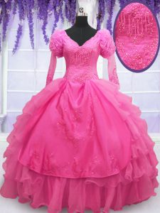 Hot Pink Ball Gowns Organza V-neck Long Sleeves Beading and Embroidery and Hand Made Flower Floor Length Lace Up Sweet 16 Quinceanera Dress