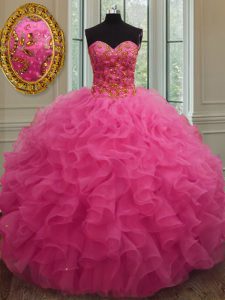 Sweetheart Sleeveless Organza Quinceanera Dresses Beading and Ruffles Lace Up