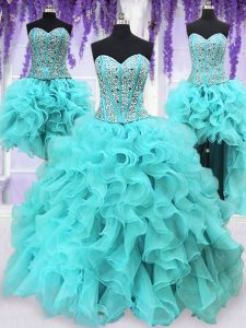 Four Piece Sequins Floor Length Aqua Blue Ball Gown Prom Dress Sweetheart Sleeveless Lace Up