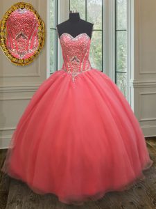 Top Selling Watermelon Red Sweetheart Neckline Beading 15th Birthday Dress Sleeveless Lace Up