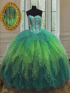 Multi-color Lace Up Sweet 16 Dresses Beading and Ruffles and Sequins Sleeveless Floor Length