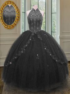Black Lace Up High-neck Beading and Appliques Quinceanera Dress Tulle Sleeveless