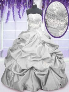 Most Popular Silver Taffeta Lace Up Strapless Sleeveless Floor Length Quince Ball Gowns Embroidery and Pick Ups