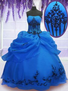Free and Easy Blue Organza Lace Up 15 Quinceanera Dress Sleeveless Floor Length Embroidery