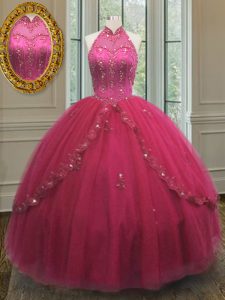 Halter Top Tulle Sleeveless Floor Length Quinceanera Gowns and Beading and Appliques