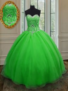 Trendy Ball Gowns Sweetheart Sleeveless Organza Floor Length Lace Up Beading and Belt Quince Ball Gowns