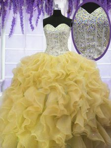 Vintage Beading and Ruffles Sweet 16 Dress Gold Lace Up Sleeveless Floor Length