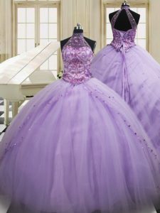 Most Popular Lavender Quinceanera Gown Halter Top Sleeveless Sweep Train Lace Up