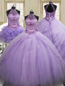 Three Piece Halter Top Lace Up Ball Gown Prom Dress Lavender for Military Ball and Sweet 16 and Quinceanera with Sequins Brush Train