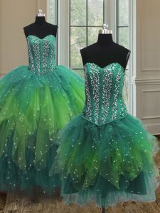 Three Piece Floor Length Ball Gowns Sleeveless Multi-color Quinceanera Dresses Lace Up