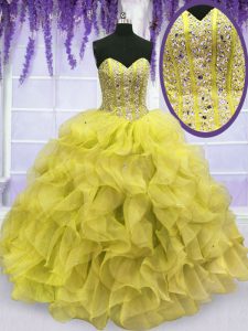 Sophisticated Yellow Organza Lace Up Sweetheart Sleeveless Floor Length Quince Ball Gowns Beading and Ruffles