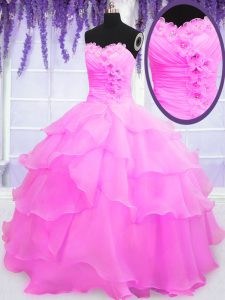 Custom Designed Ruffled Hot Pink Sleeveless Organza Lace Up 15 Quinceanera Dress for Military Ball and Sweet 16 and Quinceanera