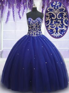 Beautiful Royal Blue Ball Gowns Beading Quinceanera Dress Lace Up Tulle Sleeveless Floor Length