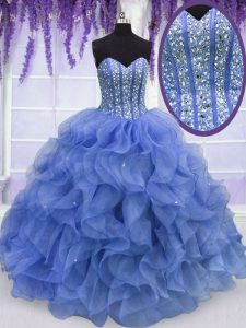 Elegant Blue Ball Gowns Sweetheart Sleeveless Organza Floor Length Lace Up Beading and Ruffles Quinceanera Gowns
