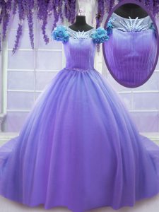 Great Scoop Short Sleeves Hand Made Flower Lace Up 15th Birthday Dress with Lavender Court Train