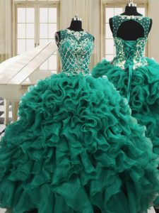 Teal Scoop Neckline Beading and Ruffles Ball Gown Prom Dress Sleeveless Lace Up