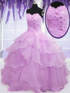 Floor Length Lilac Quinceanera Gown Organza Sleeveless Beading and Ruffled Layers and Hand Made Flower