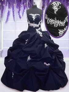 Lovely Navy Blue Ball Gowns Appliques and Pick Ups Quinceanera Gowns Lace Up Taffeta Sleeveless Floor Length