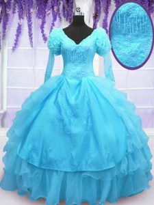 Baby Blue Organza Lace Up Sweet 16 Dress Long Sleeves Floor Length Embroidery