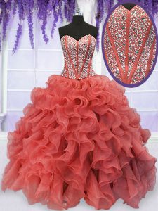Floor Length Ball Gowns Sleeveless Coral Red Quinceanera Gowns Lace Up