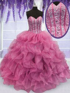High Class Organza Sweetheart Sleeveless Lace Up Beading and Ruffles Quince Ball Gowns in Rose Pink