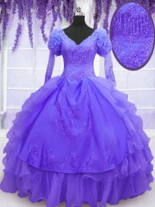 V-neck Long Sleeves Quinceanera Dresses Floor Length Beading and Embroidery and Hand Made Flower Purple Organza