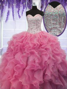 Sequins Sweetheart Sleeveless Lace Up Ball Gown Prom Dress Rose Pink Organza