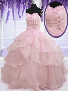 Perfect Ruffled Sweetheart Sleeveless Lace Up Sweet 16 Dresses Baby Pink Organza
