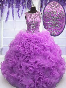 High End Scoop Sleeveless Quinceanera Gown Floor Length Beading and Ruffles Lilac Organza