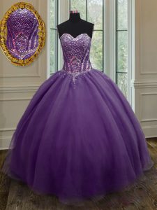 Enchanting Sweetheart Sleeveless Quinceanera Gowns Floor Length Beading Purple Organza