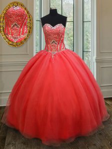 On Sale Beading Quinceanera Gowns Coral Red Lace Up Sleeveless Floor Length
