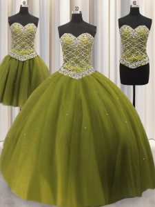 Classical Three Piece Sequins Floor Length Olive Green Ball Gown Prom Dress Sweetheart Sleeveless Lace Up