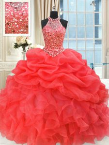 Fancy Coral Red High-neck Neckline Beading and Pick Ups Quinceanera Dress Sleeveless Lace Up