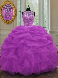 Romantic Lilac Ball Gowns Scoop Sleeveless Organza Floor Length Lace Up Beading and Pick Ups Quinceanera Gown