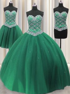 Cute Three Piece Beading and Ruffles Quinceanera Gowns Green Lace Up Sleeveless Floor Length