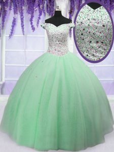 Edgy Apple Green Ball Gowns Off The Shoulder Sleeveless Tulle Floor Length Lace Up Beading Quinceanera Gown