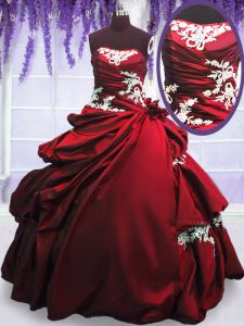 Beautiful Wine Red Ball Gowns Strapless Sleeveless Taffeta Floor Length Lace Up Appliques and Pick Ups Quinceanera Gown