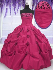 Custom Designed Floor Length Hot Pink 15 Quinceanera Dress Taffeta Sleeveless Embroidery and Pick Ups