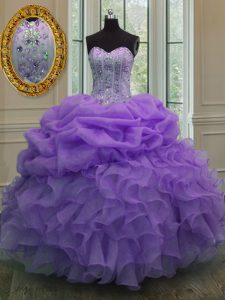 Great Lavender Ball Gowns Organza Sweetheart Sleeveless Beading and Pick Ups Floor Length Lace Up Ball Gown Prom Dress