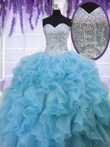 Custom Designed Baby Blue Sweetheart Lace Up Ruffles and Sequins Quinceanera Dresses Sleeveless