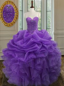 Modest Lavender Ball Gowns Beading and Ruffles Quinceanera Gown Lace Up Organza Sleeveless Floor Length