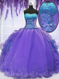 Strapless Sleeveless Lace Up 15 Quinceanera Dress Lavender Organza