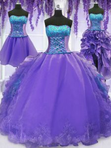 Gorgeous Four Piece Lavender Lace Up 15th Birthday Dress Embroidery and Ruffles Sleeveless Floor Length