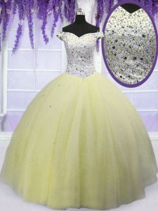 Designer Off the Shoulder Beading Sweet 16 Dress Light Yellow Lace Up Short Sleeves Floor Length