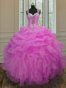 Traditional Organza Straps Sleeveless Zipper Beading and Ruffles Sweet 16 Dress in Lilac