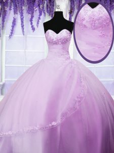 Floor Length Lace Up Ball Gown Prom Dress Lilac for Military Ball and Sweet 16 and Quinceanera with Appliques
