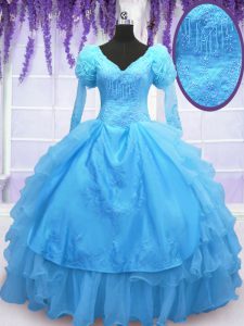 Classical V-neck Long Sleeves Lace Up Sweet 16 Dress Baby Blue Organza