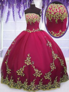 Fuchsia Ball Gowns Strapless Sleeveless Tulle Floor Length Zipper Appliques Ball Gown Prom Dress